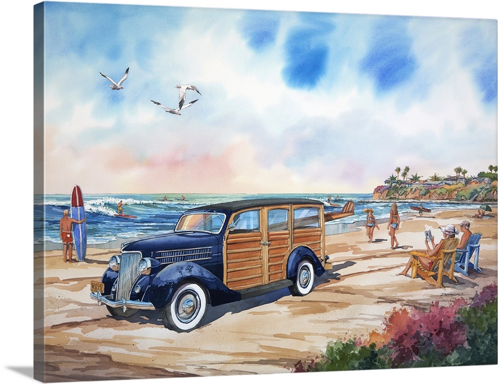 Watercolor painting of a 1936 Ford woodie at Tourmaline Point in San Diego, California.