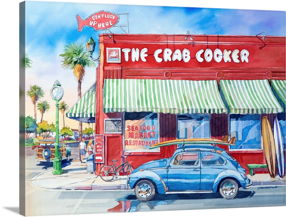 Watercolor painting of the famous landmark, The Crab Cooker, in Newport Beach, CA.