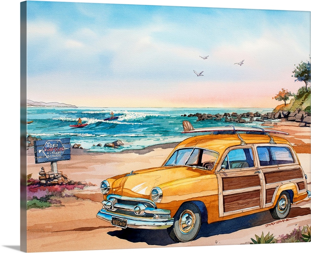 Watercolor of a 1951 Ford woodie surf wagon at the popular surf spot, Rincon, CA
