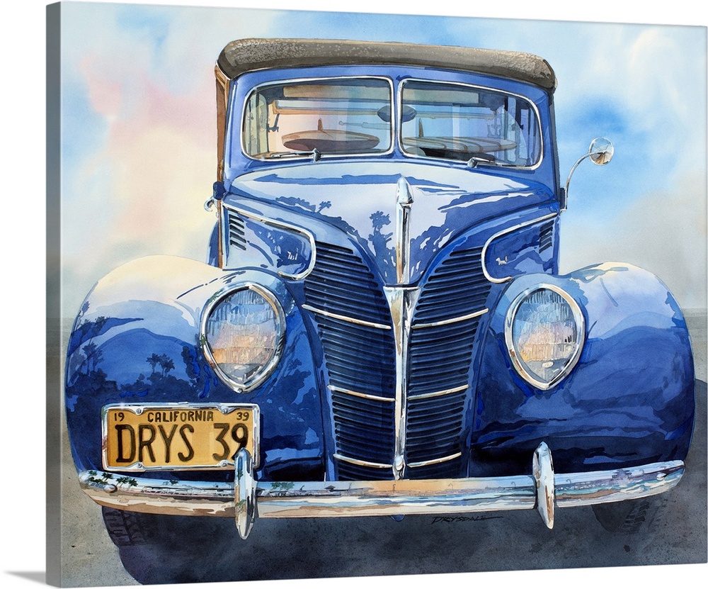Watercolor of a 1939 Ford woodie wagon.