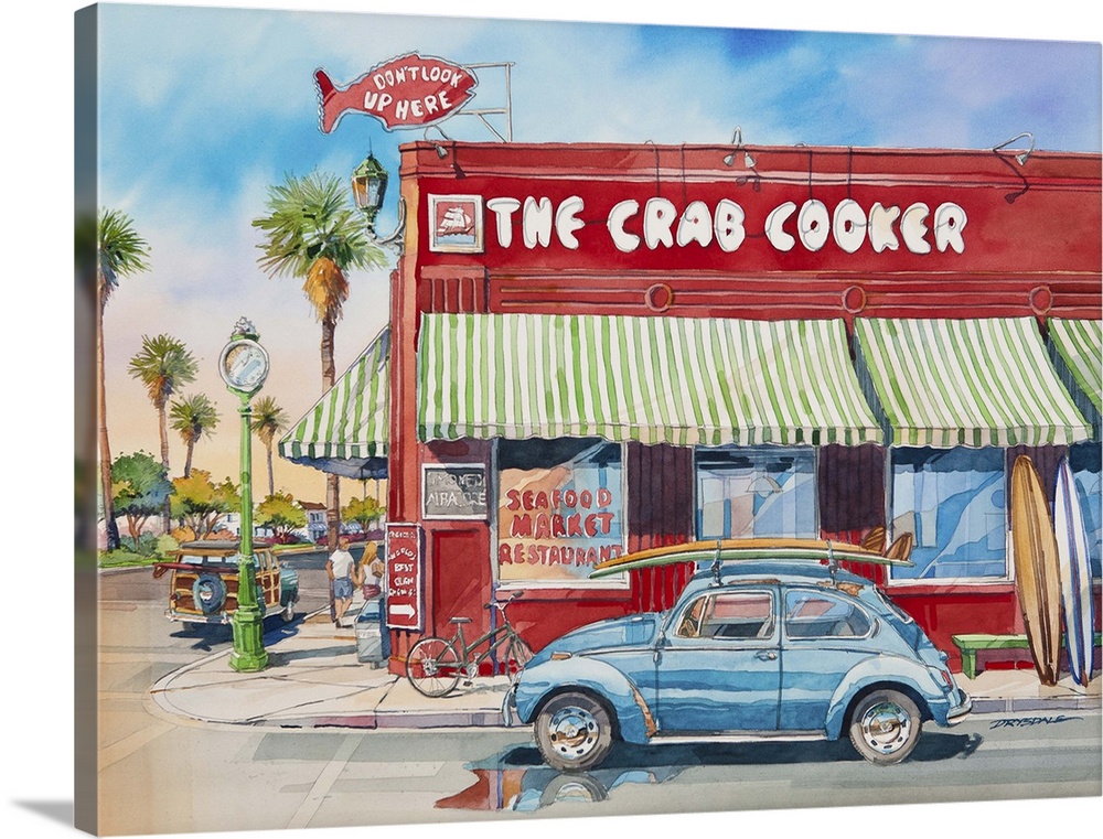 Watercolor painting of The Crab Cooker red seafood market and restaurant with a blue Volkswagen beetle that has surf board...