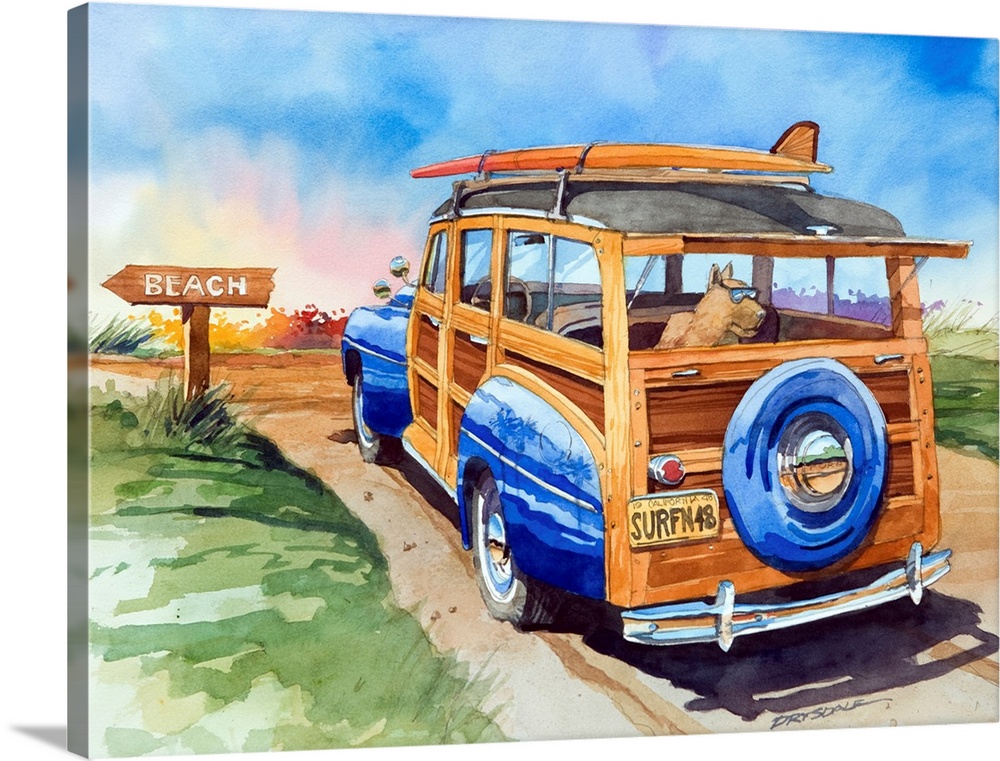 Watercolor of a 1948 Ford Woodie Surfing woodie wagon with a cool Great Dane.