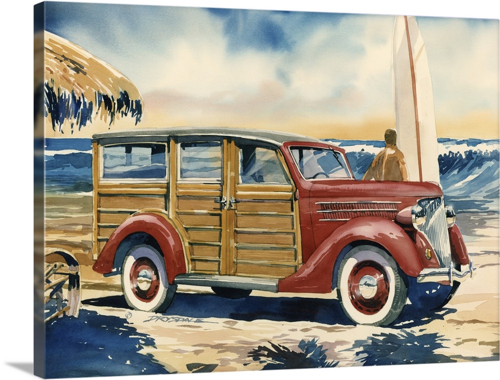 1936 Ford Woodie wagon on the beach at Old Man's San Onofre, CA.
