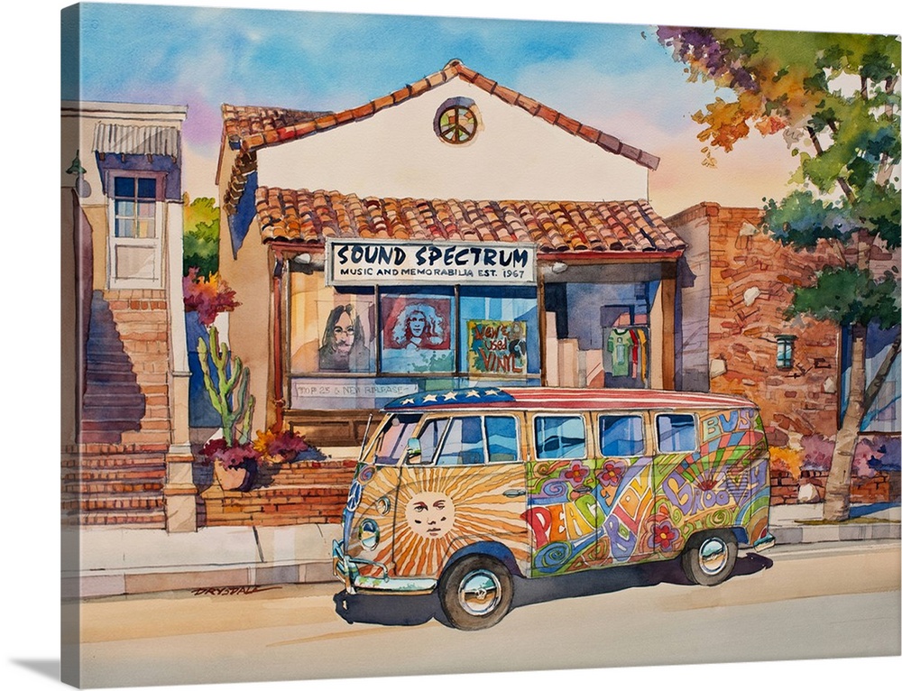 Watercolor of a classic VW hippie van straight out of the 60's.  The scene is the Sound Spectrum in Laguna Beach, CA.  The...