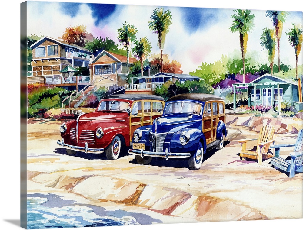 Watercolor of two woodies on the beach at Crystal Cove, Laguna Beach, California.