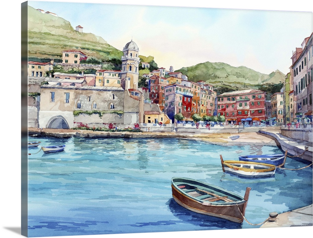 Landscape watercolor painting of Vernazza, Cinque Terre, Italy