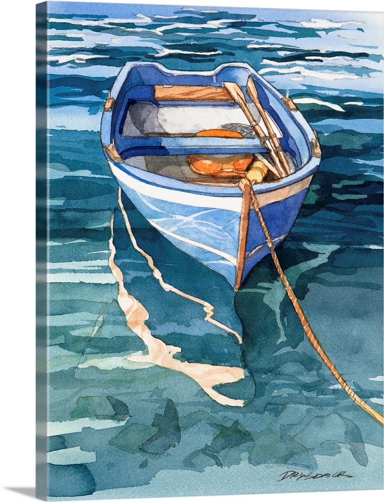 Watercolor painting of a blue and white striped boat on the water in Italy
