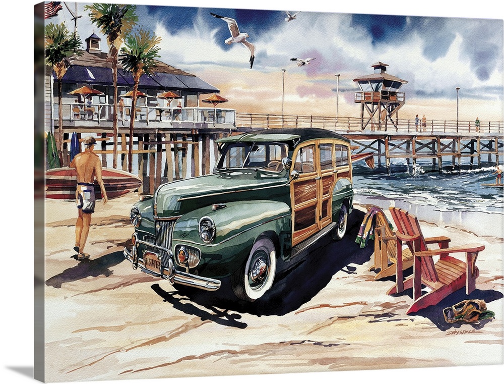 Watercolor of a 1941 Ford Woodie at the San Clemente pier.