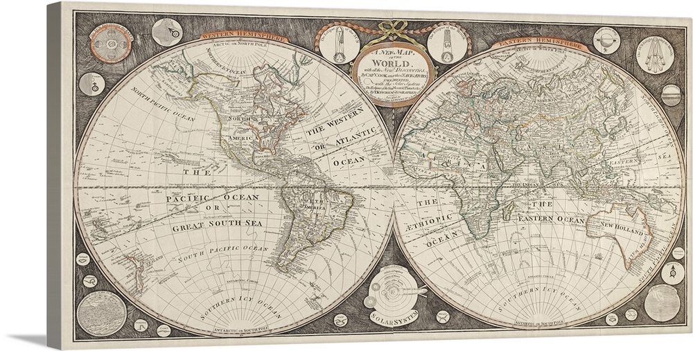 This vintage wall art shows the routes of James Cook's voyages. Also shows lines of magnetic variation and marine wind-dir...