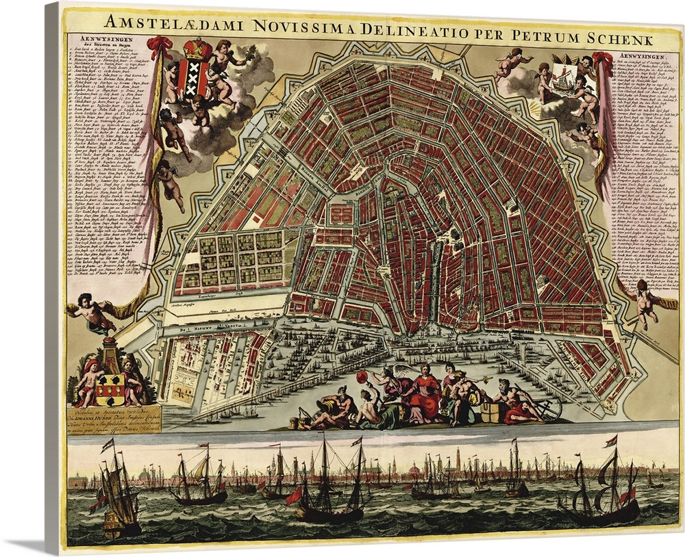 Includes index to points of interest, and an inset drawing at bottom showing a view of the city with ships.