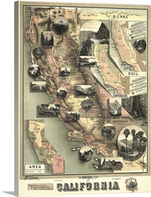 Antique Map of California, 1888