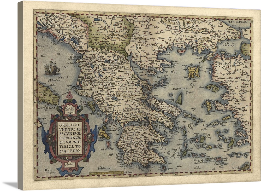 This large piece is an antique map dated back to 1570 of the country Greece.