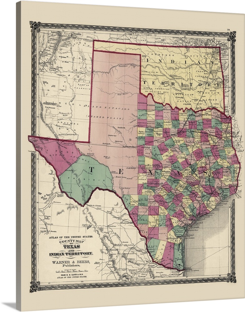 This is a vintage map of the state of Texas and Oklahoma which was still considered Indian territory.