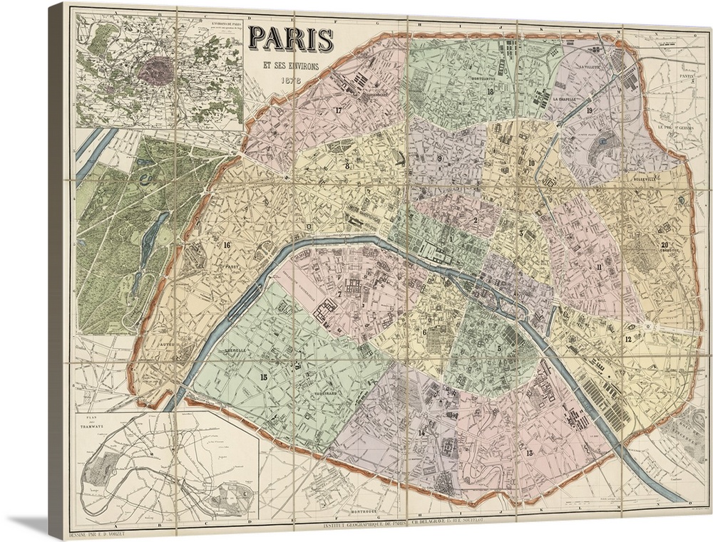Antique map of central Paris with the Seine River running through the middle and the different districts highlighted in di...