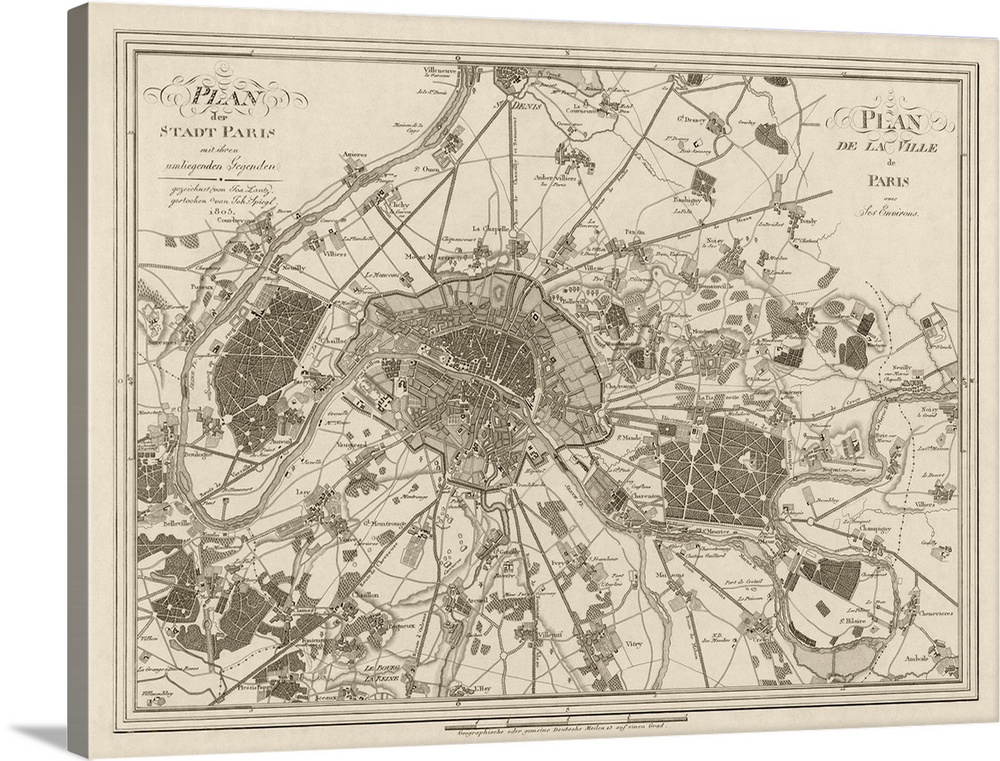 Vintage map on canvas of the city of Paris, France from 1805.