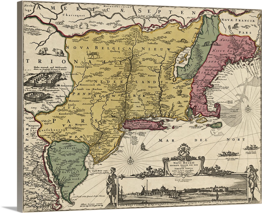 Shows the eastern coast of the US from the Chesapeake Bay north to Maine. The Dutch colony is shown in yellow, the British...