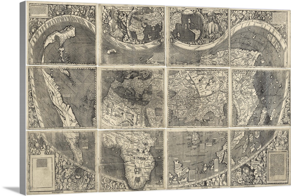 This vintage map of the world shows the earth sectioned off into twelve grids. The map is in a sepia tone.