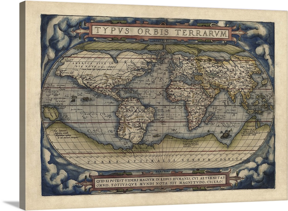This decorative wall art is an antique map or the world drawn as a globe complete with latitudinal and longitudinal lines.