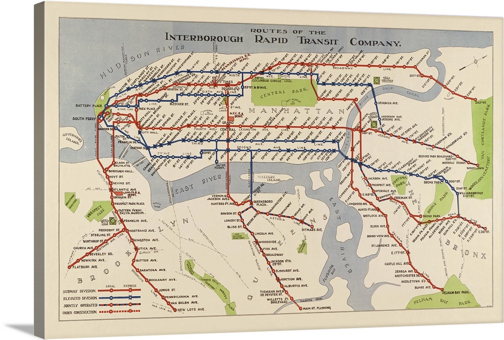 Shows the routes of the New York City subway in 1924, then owned by the Interborough Rapid Transit Company (IRT).