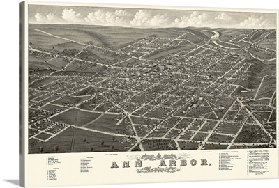 Vintage Birds Eye View Map of Ann Arbor, Michigan