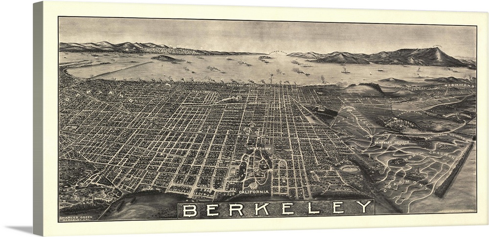 Vintage Birds Eye View Map of Berkeley, California