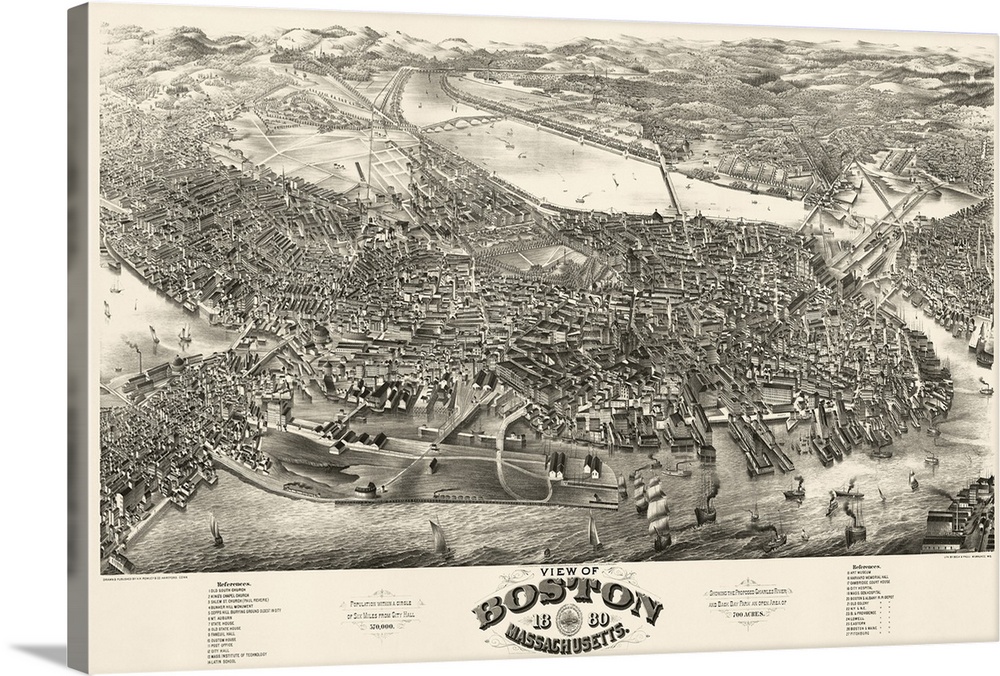 Antique map of an illustrated map of a major Northeast city.