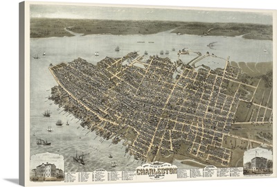 Vintage Birds Eye View Map of Charleston, South Carolina