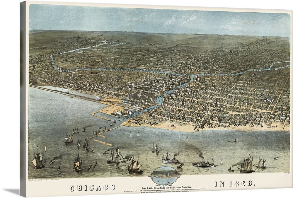 Old map of U.S. city and its boat filled water front from an aerial view.