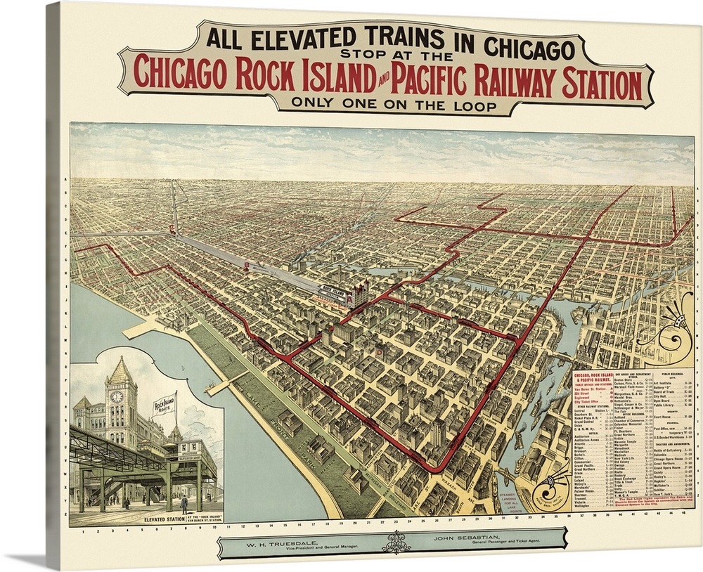 Vintage Birds Eye View Map of Chicago, Illinois Wall Art, Canvas Prints ...