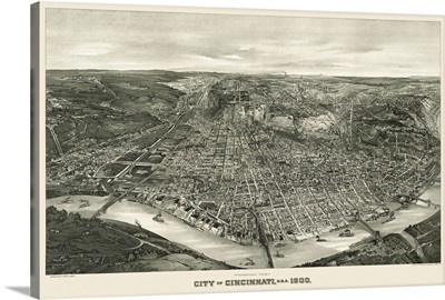 Vintage Birds Eye View Map of Cincinnati, Ohio