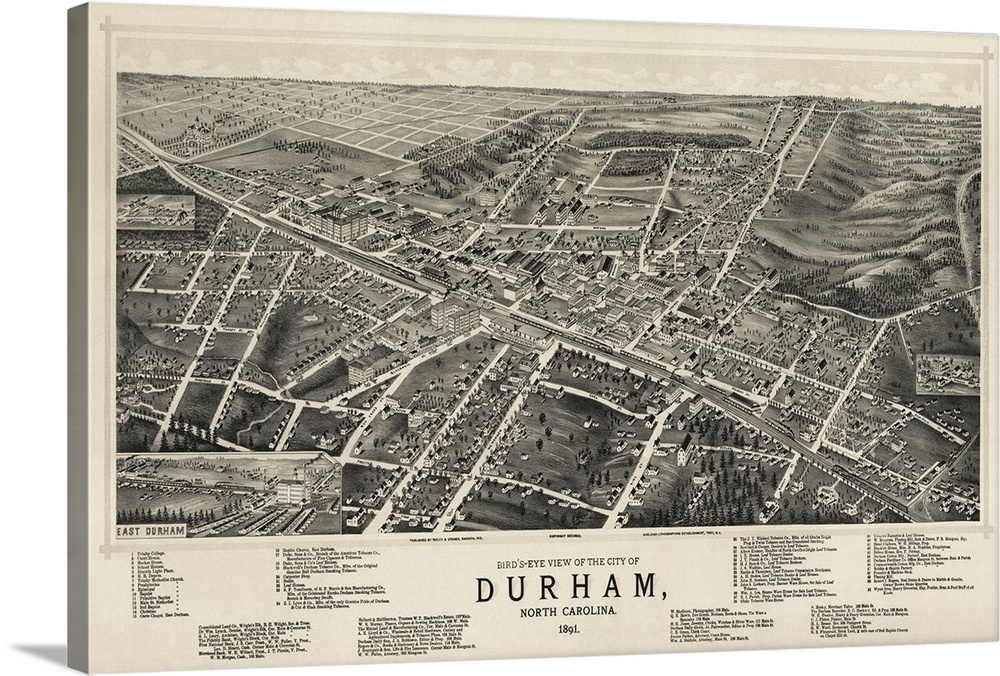 Vintage Birds Eye View Map of Durham, North Carolina