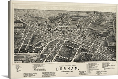 Vintage Birds Eye View Map of Durham, North Carolina