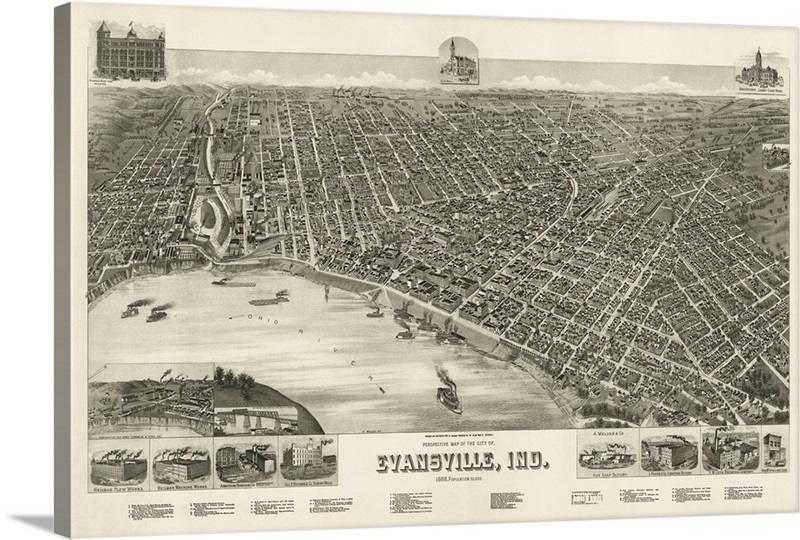 Vintage Birds Eye View Map of Evansville, Indiana Wall Art, Canvas