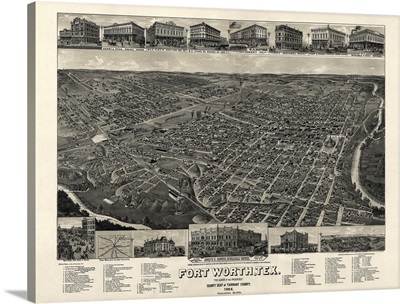 Vintage Birds Eye View Map of Fort Worth, Texas
