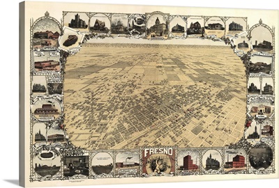 Vintage Birds Eye View Map of Fresno, California