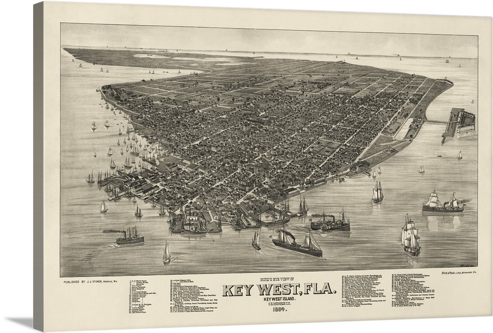 Antique map featuring an aerial view of the town of Key West, Florida from 1884.