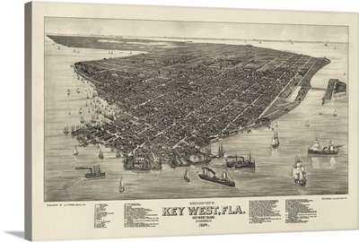 Vintage Birds Eye View Map of Key West, Florida
