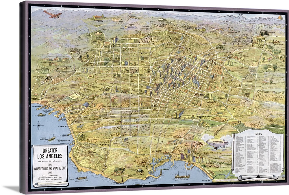 This large vintage map depicts the city of Los Angeles. The map is drawn with streets, buildings, mountains and much more.