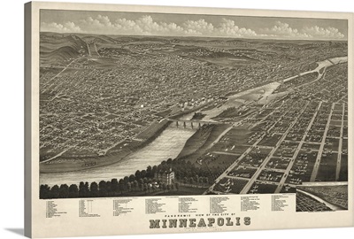 Vintage Birds Eye View Map of Minneapolis, Minnesota