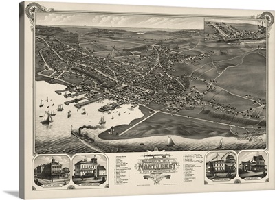 Vintage Birds Eye View Map of Nantucket, Massachusetts