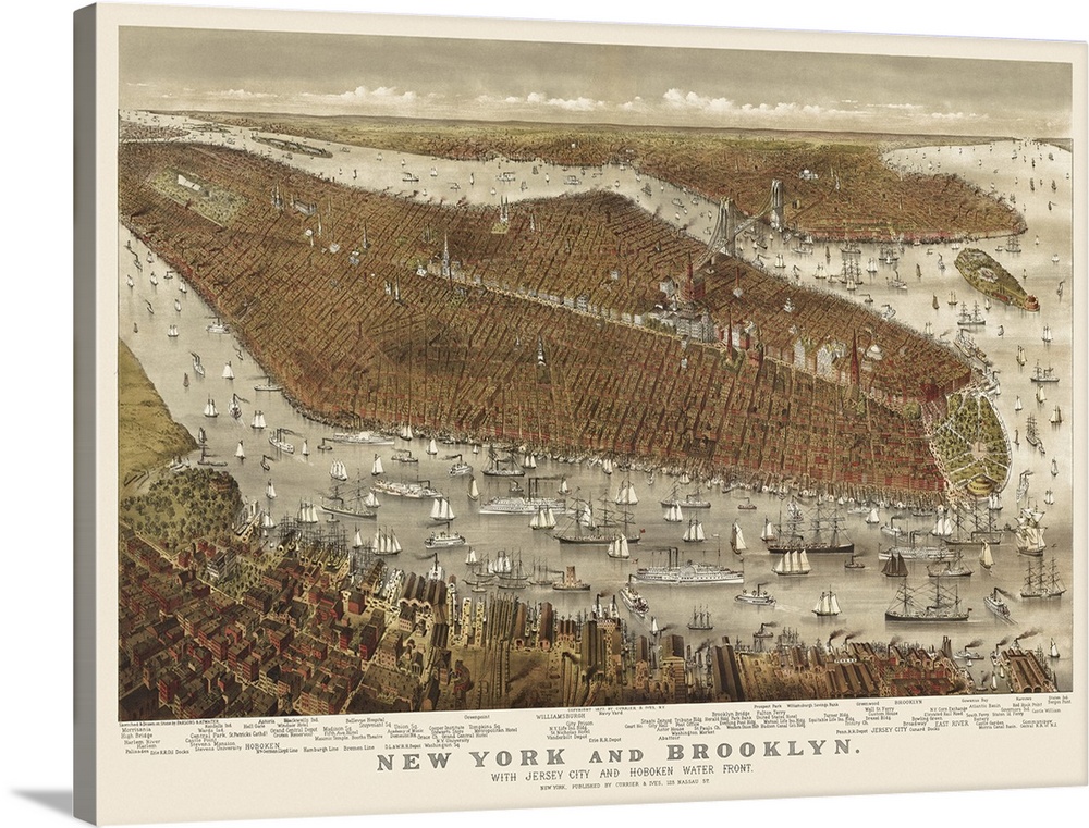 Large wall art of an antiqued illustrated map of New York city.