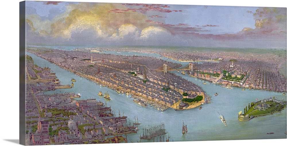 This large piece is an antique birds eye view map of New York City in color.