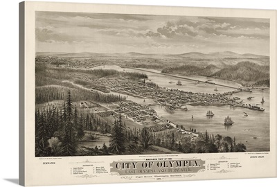 Vintage Birds Eye View Map of Olympia, Washington