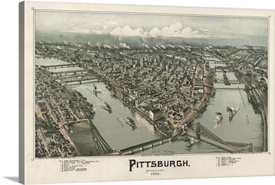 Vintage Birds Eye View Map of Pittsburgh, Pennsylvania