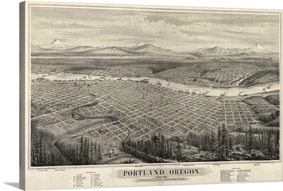 Vintage Birds Eye View Map of Portland, Oregon