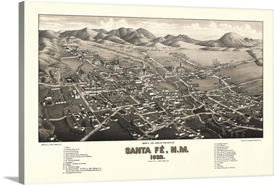 Vintage Birds Eye View Map of Santa Fe, New Mexico