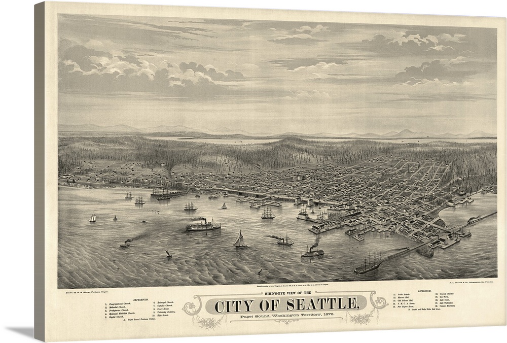 24x30 Bird's Eye View 1903 Olympia WA Vintage Style City Map 