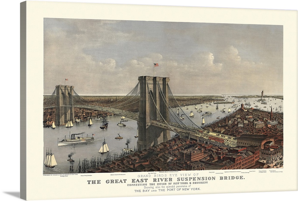 Antique photograph of iconic overpass with boats in waterway sailing beneath it in the "Big Apple."