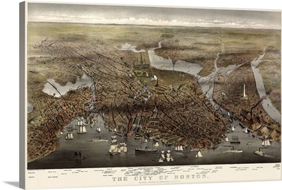 Vintage Birds Eye View Map of the City of Boston