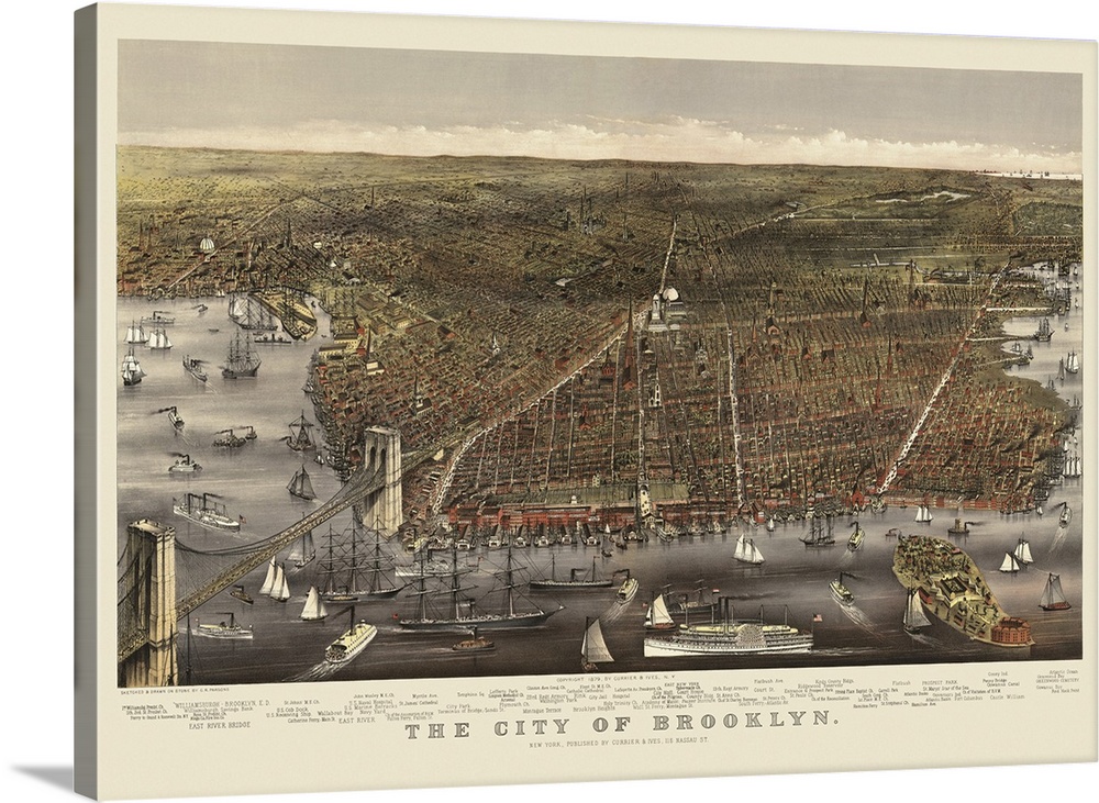 This large piece is a vintage map of the city of Brooklyn. The water that surrounds the city is filled with various boats ...
